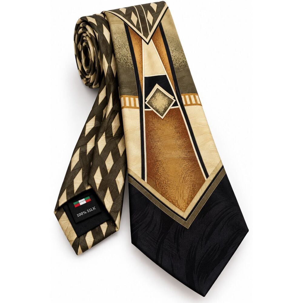V Valentina Italy 100% Silk Men’s Tie Brown Gold Black Geometric Vintage Necktie